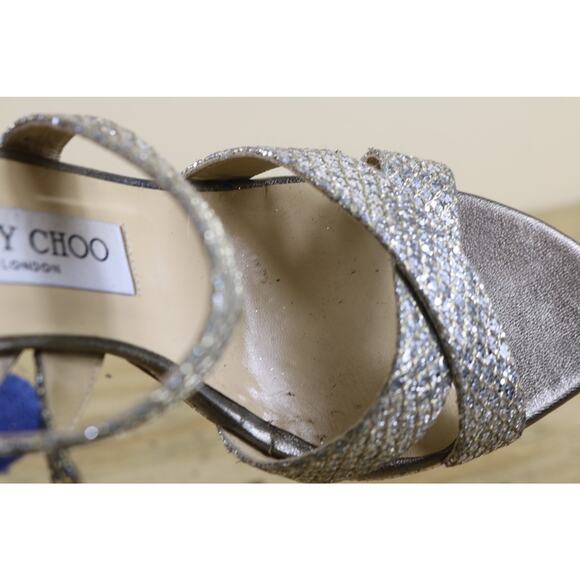 Jimmy Choo Heel 38.5 Vamp Silver Gold Glitter Fabric Platform 5" Sandals Shoes - Picture 15 of 15